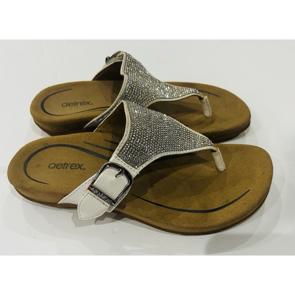 Aetrex Sandals Shoes Women Size 7 Silver Thong Wedge Rhinestone Comfort Orthotic